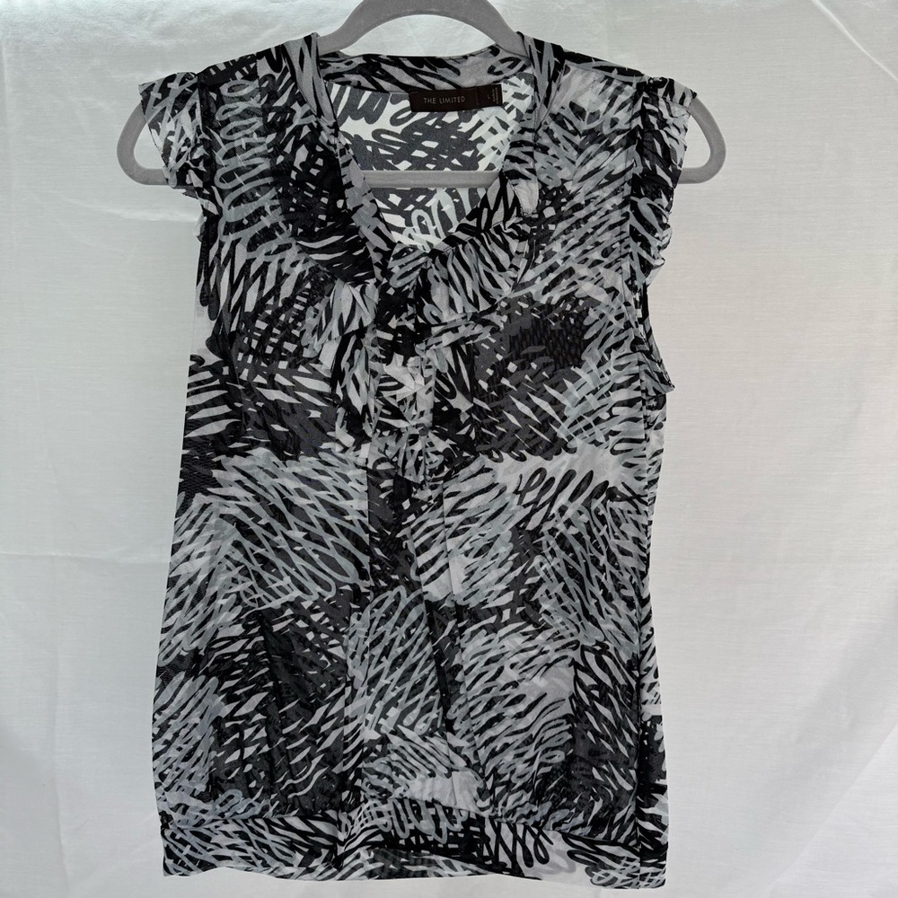 The Limited Black & White Sheer Ruffle Neck Sleeveless Blouse L